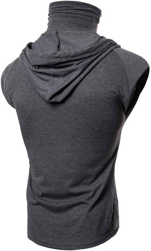 Mens Face_Cover Button Sports Sleeveless/Short/Long Sleeve Vest Hooded Splice Large Open-Forked Male Tank Tops Shirt Blouse