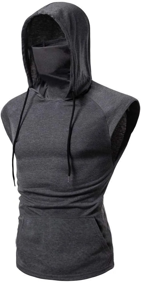 Mens Face_Cover Button Sports Sleeveless/Short/Long Sleeve Vest Hooded Splice Large Open-Forked Male Tank Tops Shirt Blouse