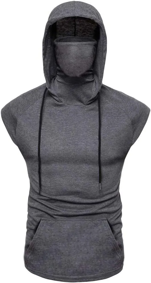 Mens Face_Cover Button Sports Sleeveless/Short/Long Sleeve Vest Hooded Splice Large Open-Forked Male Tank Tops Shirt Blouse