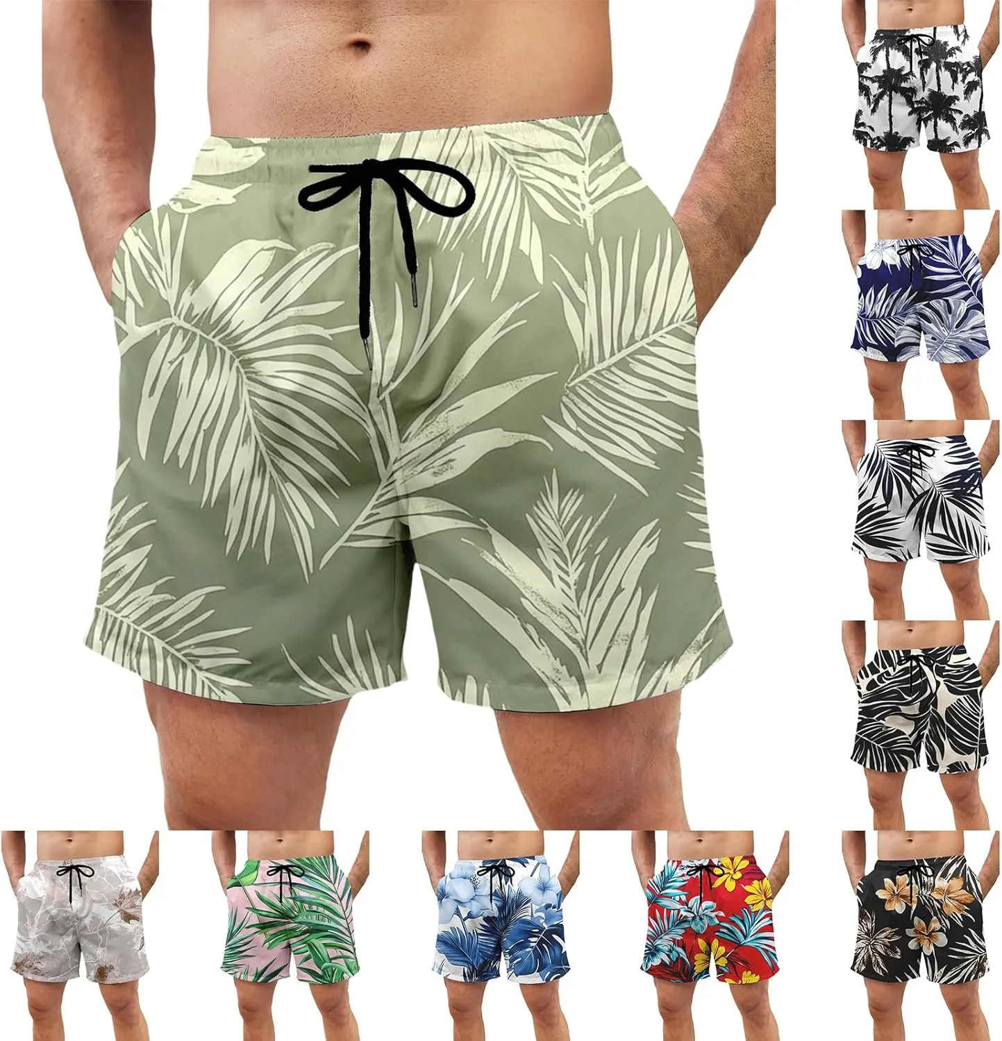 Mens Hawaiian Beach Shorts Drawstring Elastic Waist Summer Swim Trunks Fashion Lightweight Tropical Vacation Shorts