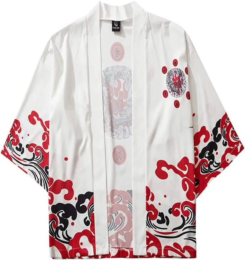 Men's Japanese Kimono Cardigan Jacket Casual Seven Sleeve Open Front Coat Lightweight Novelty Printed Cloak Outwear