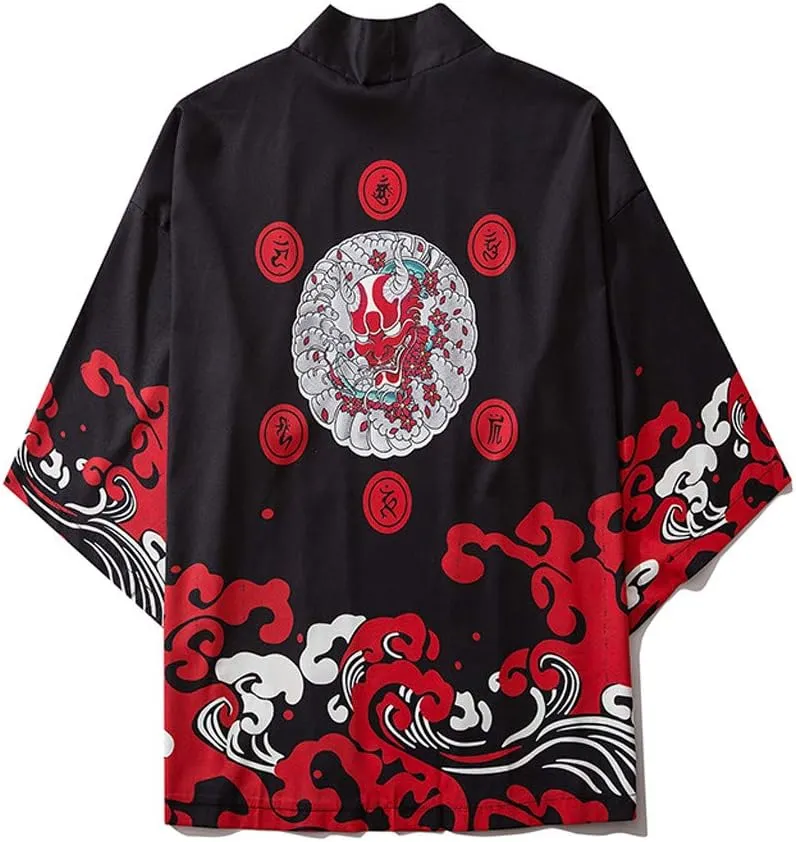 Men's Japanese Kimono Cardigan Jacket Casual Seven Sleeve Open Front Coat Lightweight Novelty Printed Cloak Outwear