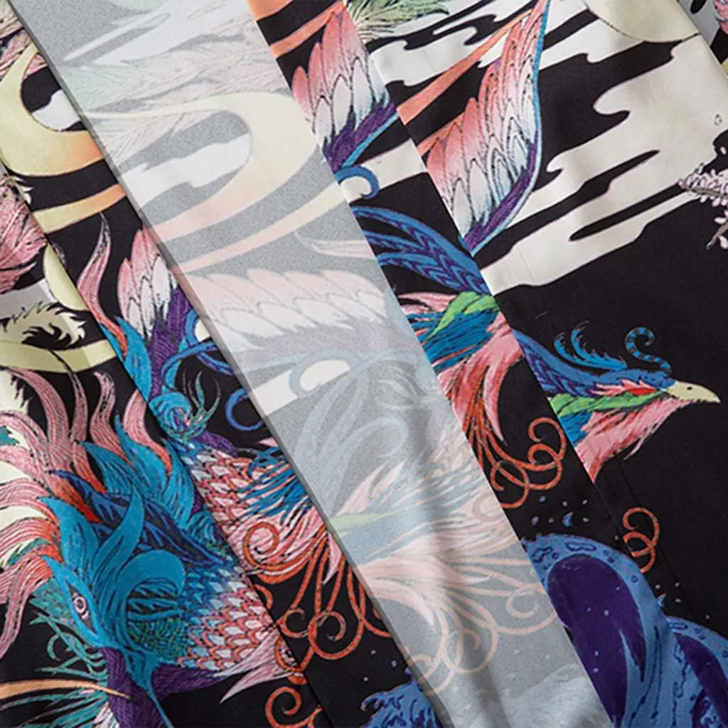 Men's Japanese Kimono Cardigan Jacket Casual Seven Sleeve Open Front Coat Lightweight Novelty Printed Cloak Outwear