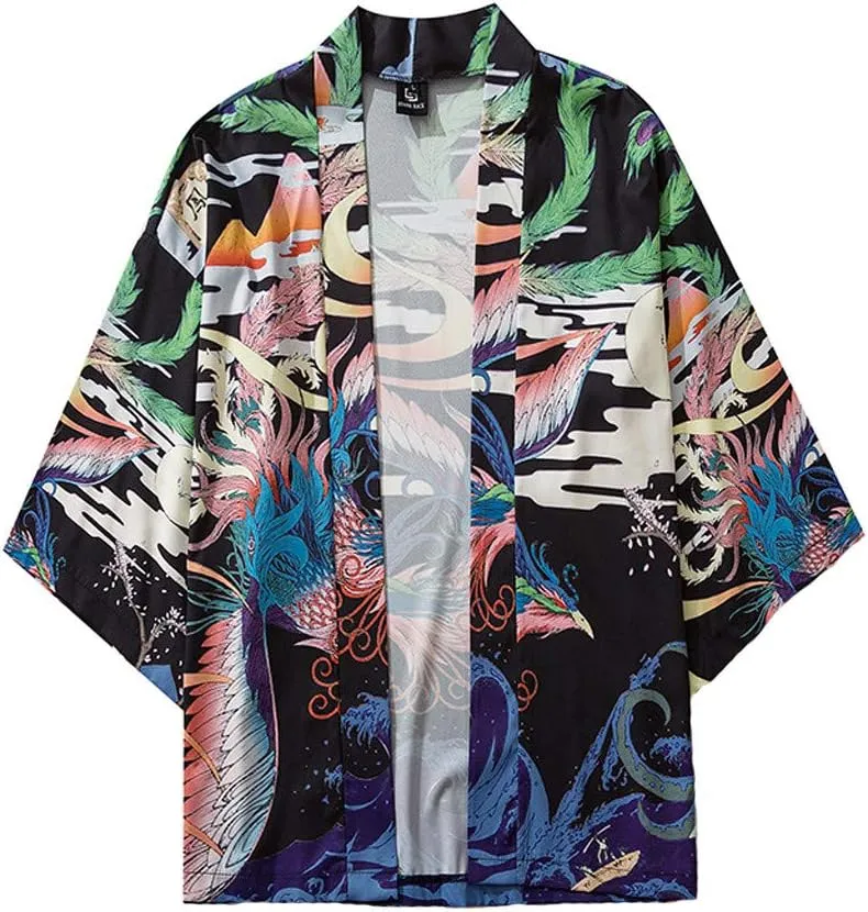 Men's Japanese Kimono Cardigan Jacket Casual Seven Sleeve Open Front Coat Lightweight Novelty Printed Cloak Outwear