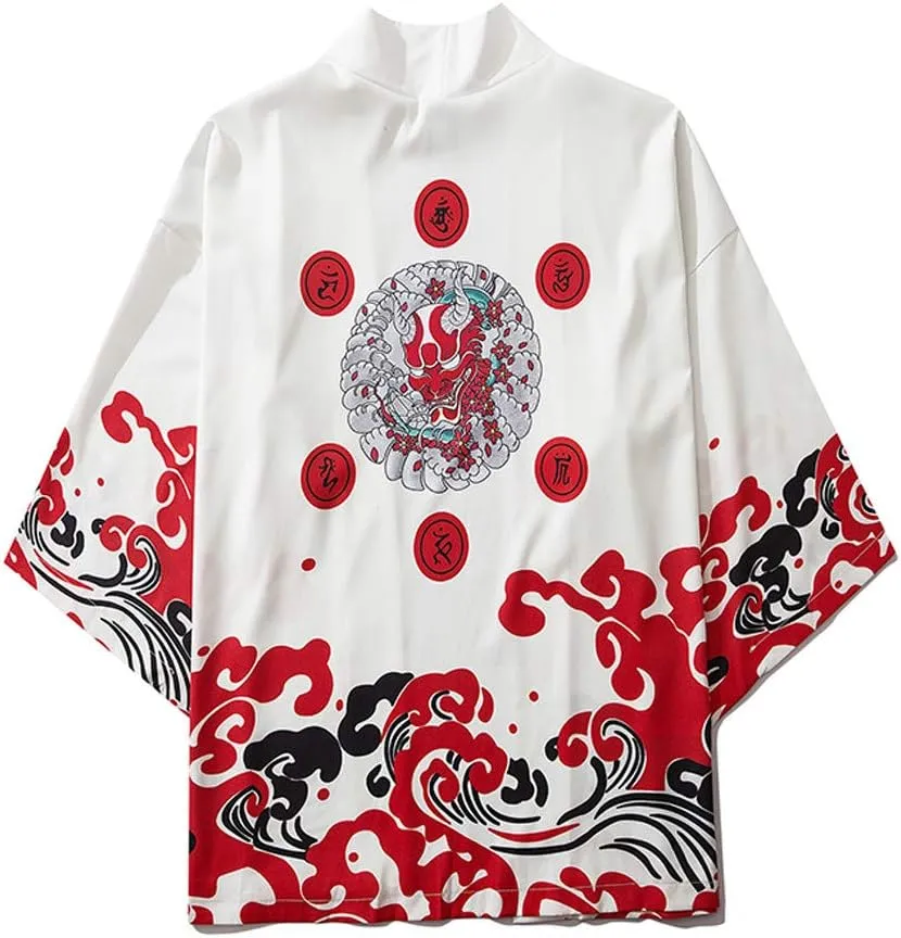 Men's Japanese Kimono Cardigan Jacket Casual Seven Sleeve Open Front Coat Lightweight Novelty Printed Cloak Outwear