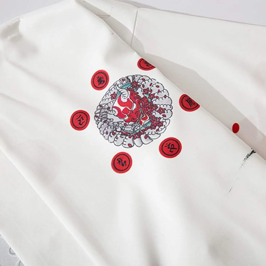 Men's Japanese Kimono Cardigan Jacket Casual Seven Sleeve Open Front Coat Lightweight Novelty Printed Cloak Outwear