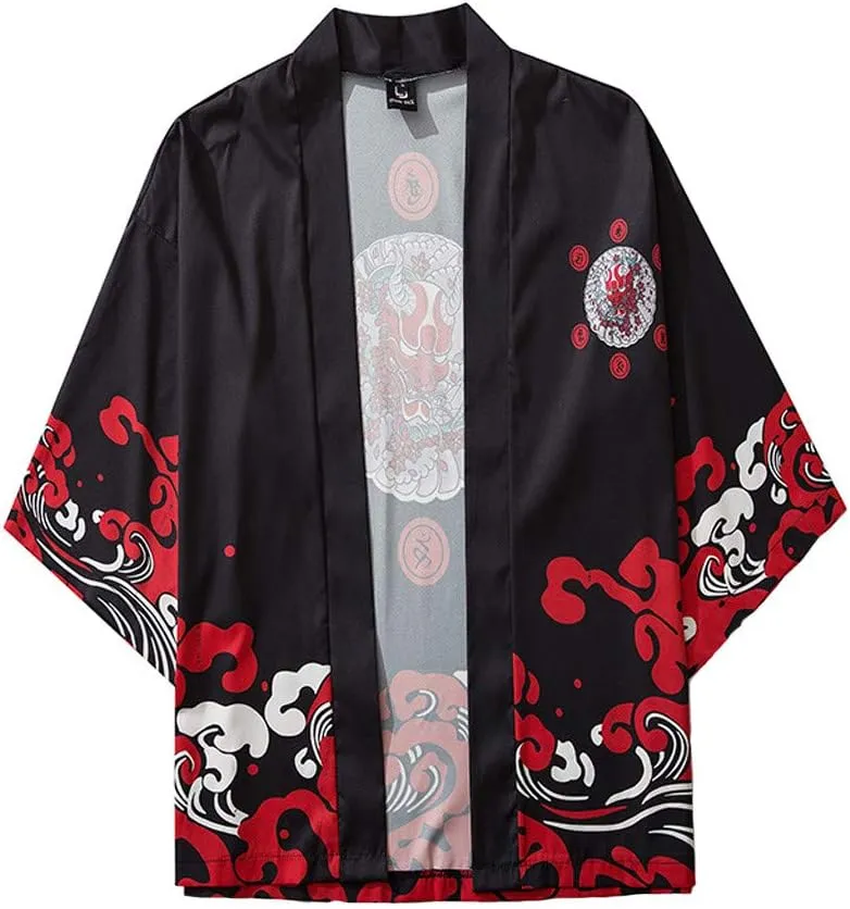 Men's Japanese Kimono Cardigan Jacket Casual Seven Sleeve Open Front Coat Lightweight Novelty Printed Cloak Outwear
