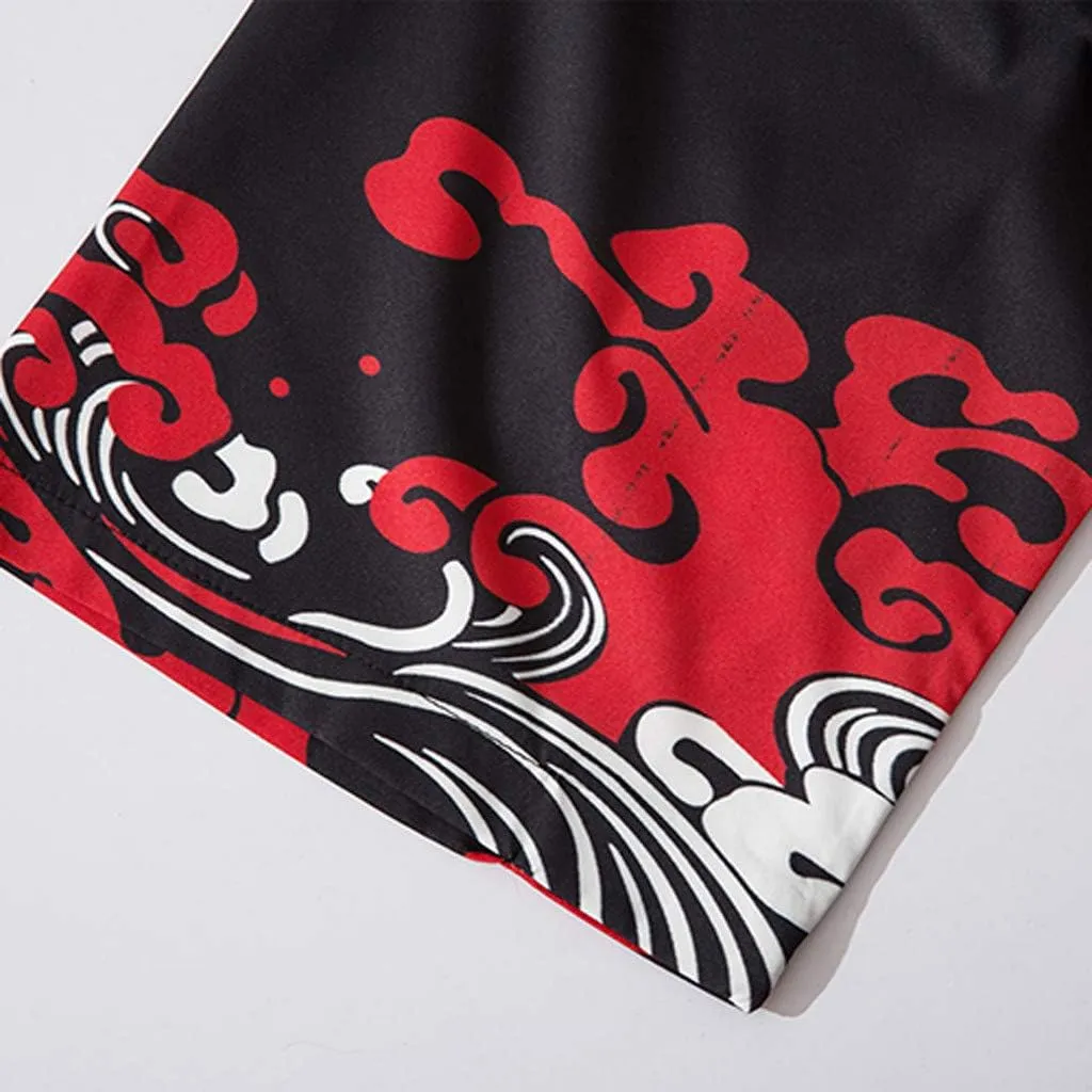 Men's Japanese Kimono Cardigan Jacket Casual Seven Sleeve Open Front Coat Lightweight Novelty Printed Cloak Outwear
