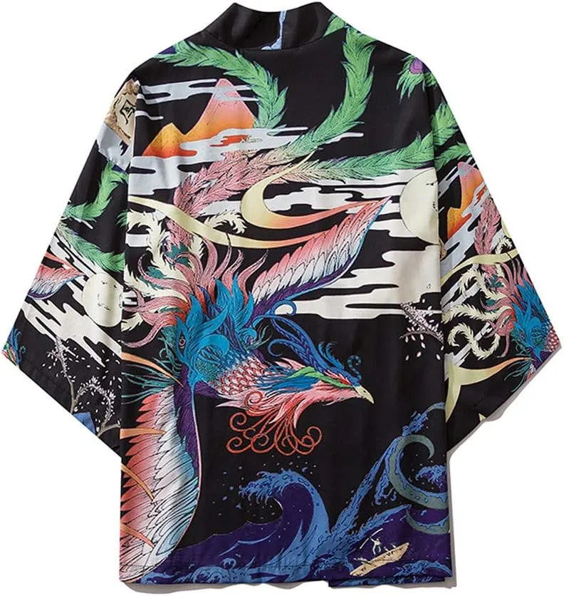 Men's Japanese Kimono Cardigan Jacket Casual Seven Sleeve Open Front Coat Lightweight Novelty Printed Cloak Outwear