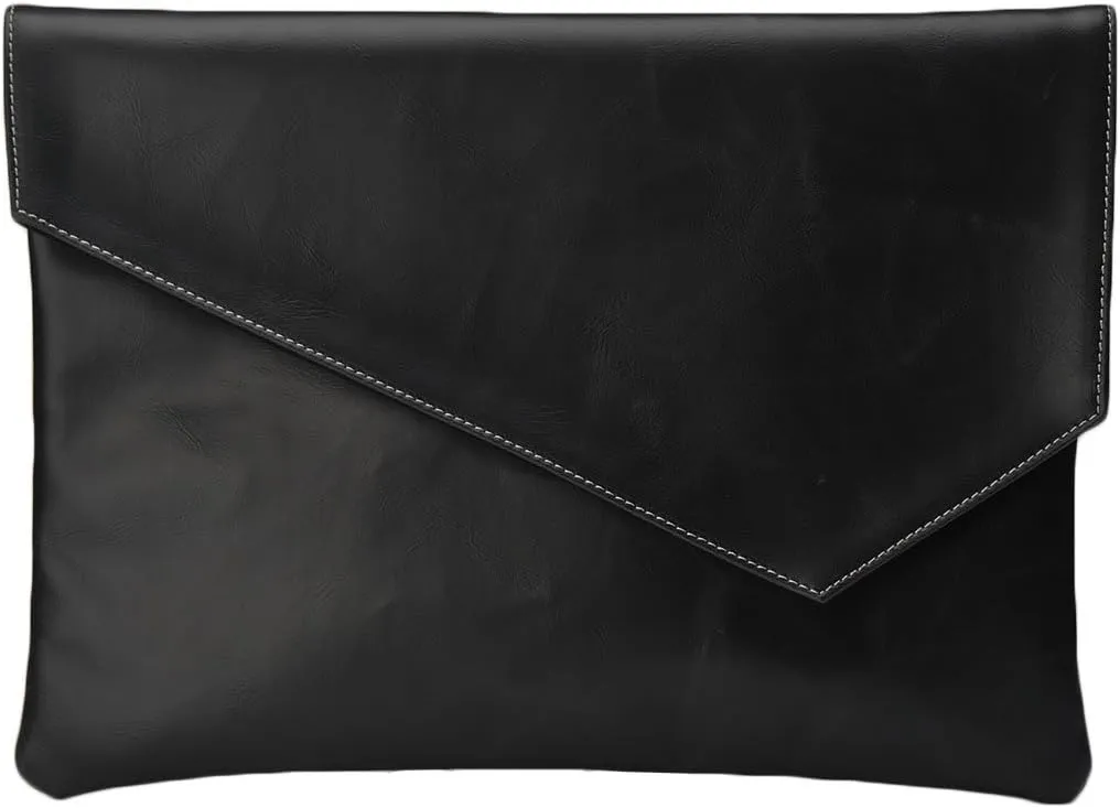 Men's Leather Handabg Envelope Flap Briefcase Purse Clutch Bags (BLACK)
