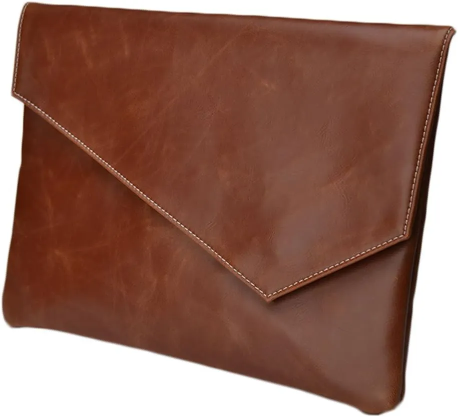 Men's Leather Handabg Envelope Flap Briefcase Purse Clutch Bags (BROWN)
