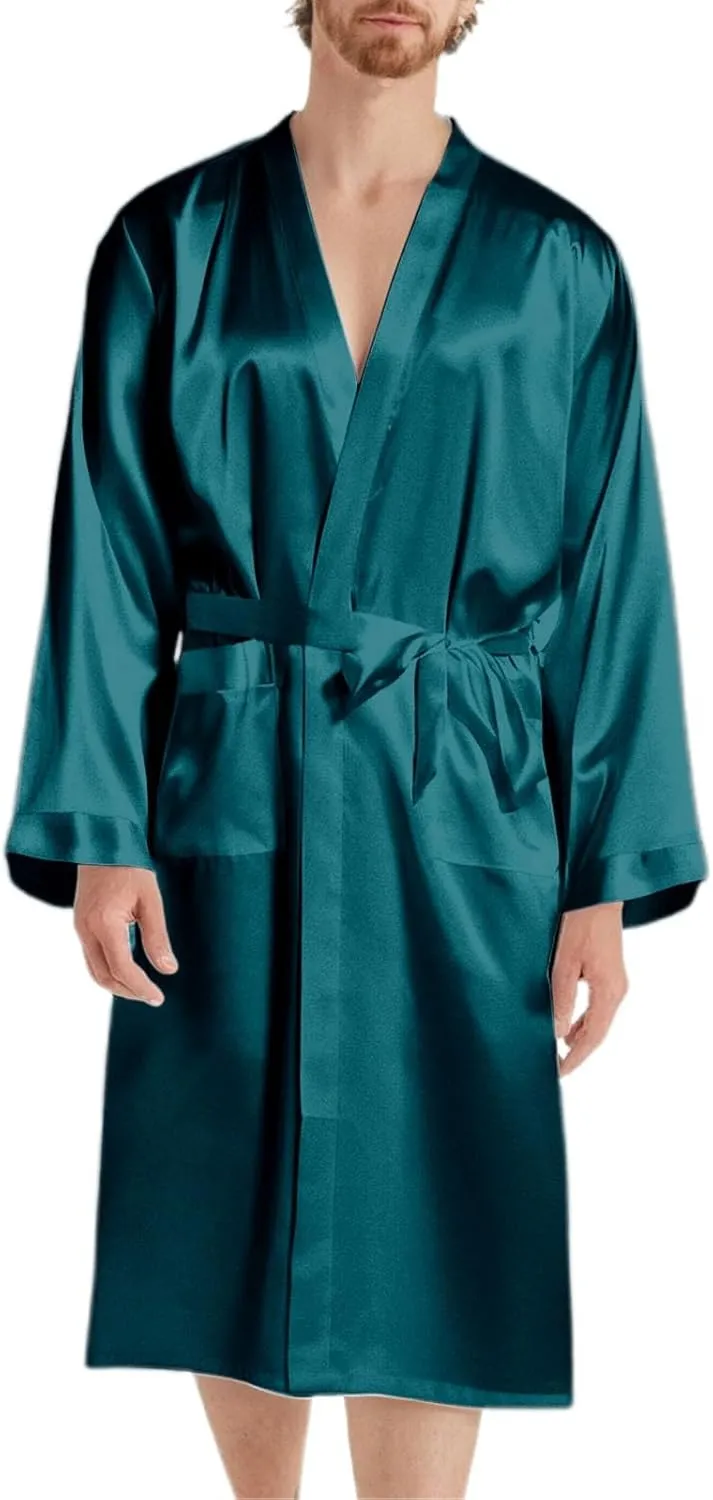 Mens Lightweight Satin Robe Plus Size Soft Loungewear Nightwear with Belt, Long Sleeve Open Front Luxurious Silk