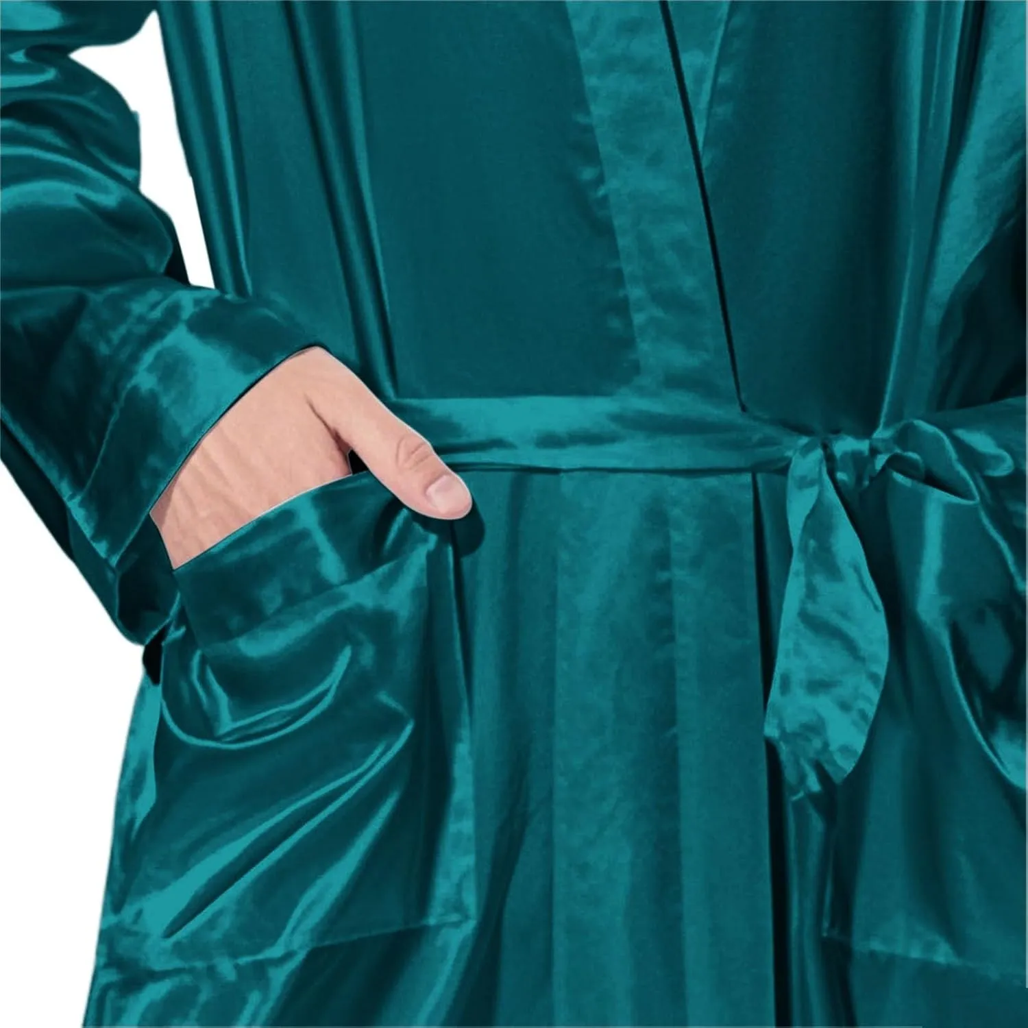Mens Lightweight Satin Robe Plus Size Soft Loungewear Nightwear with Belt, Long Sleeve Open Front Luxurious Silk
