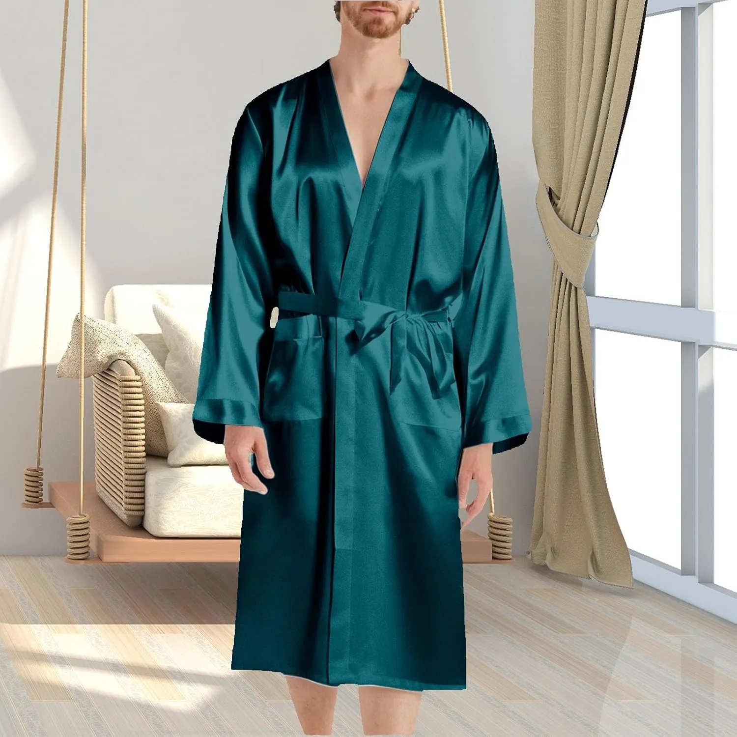 Mens Lightweight Satin Robe Plus Size Soft Loungewear Nightwear with Belt, Long Sleeve Open Front Luxurious Silk