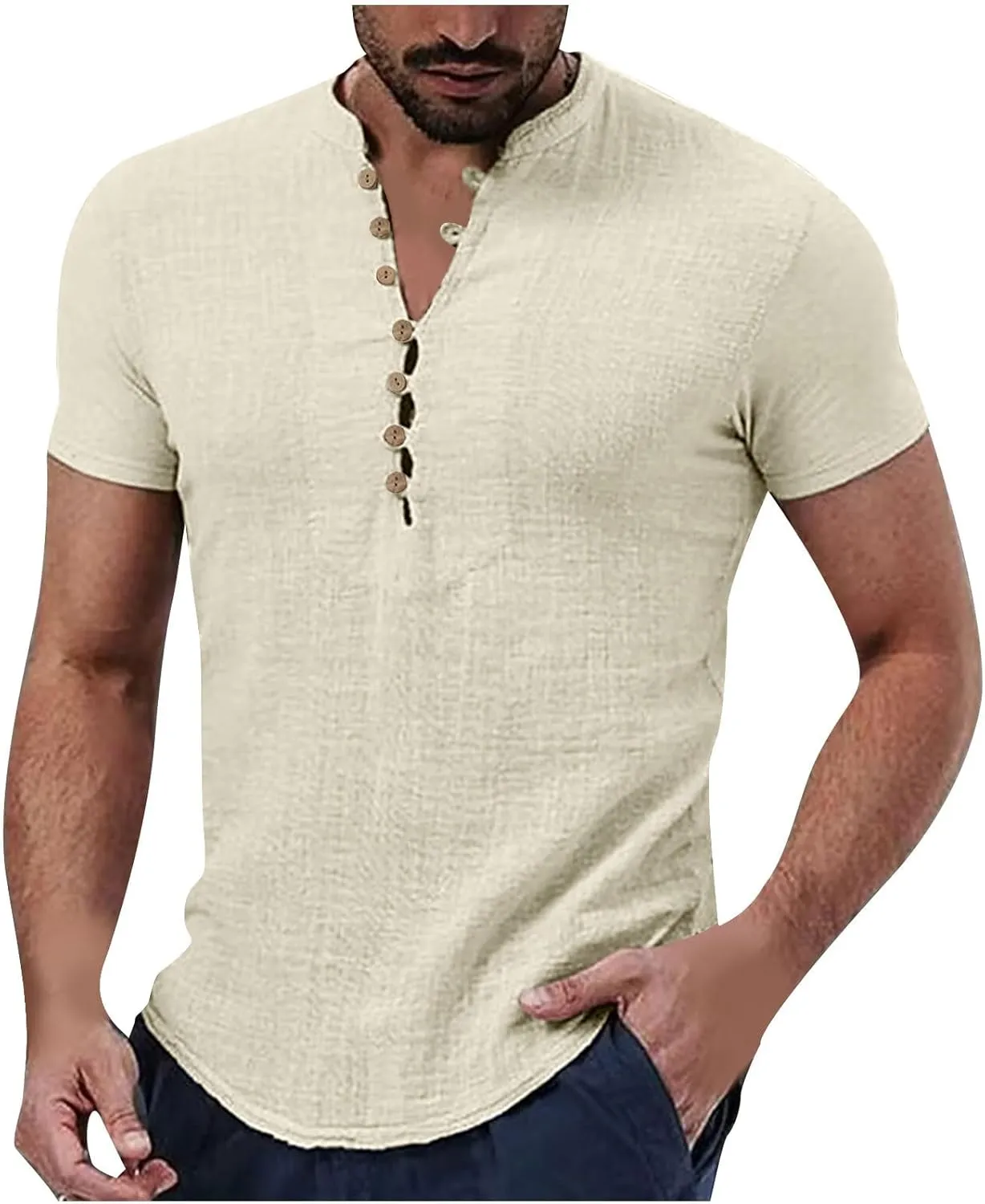 Mens Linen Beach Shirts Cotton Short Sleeves Button Trendy 2025 Blouses Round Neck Outdoor Solid Loose Casual Tees