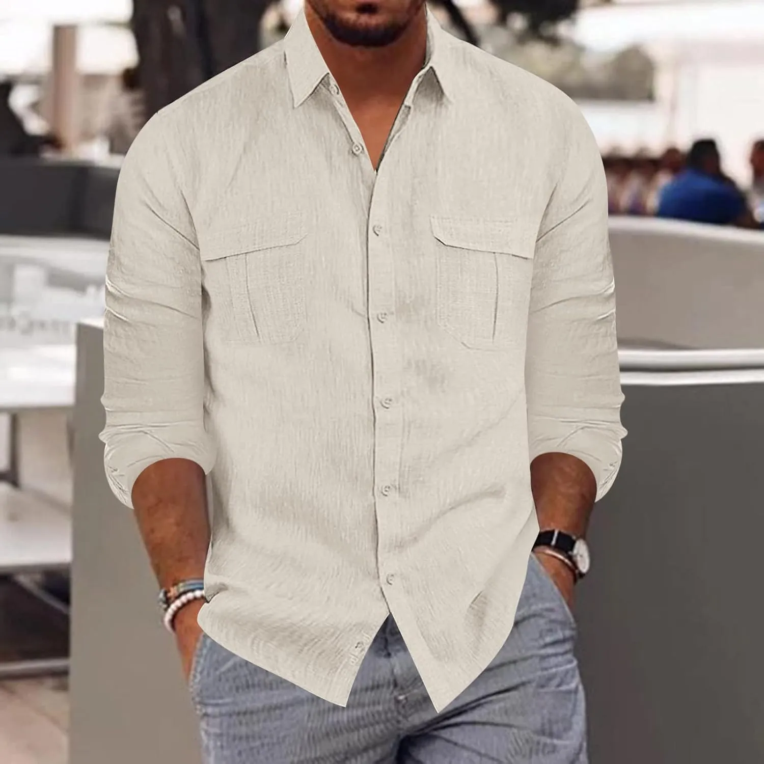 Mens Linen Shirts Long Sleeve Causal Button Down Shirt Men Summer Beach Vacation Hawaiian Shirts for Wedding Vacation
