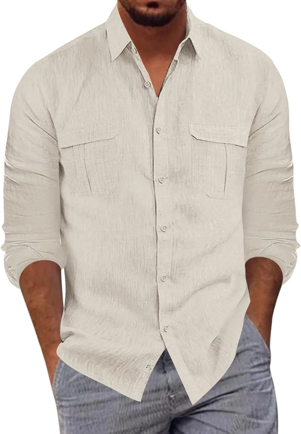 Mens Linen Shirts Long Sleeve Causal Button Down Shirt Men Summer Beach Vacation Hawaiian Shirts for Wedding Vacation
