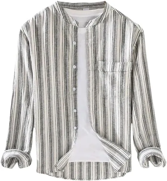 Men's Long-Sleeved Casual Striped Linen Stand Collar Blouses