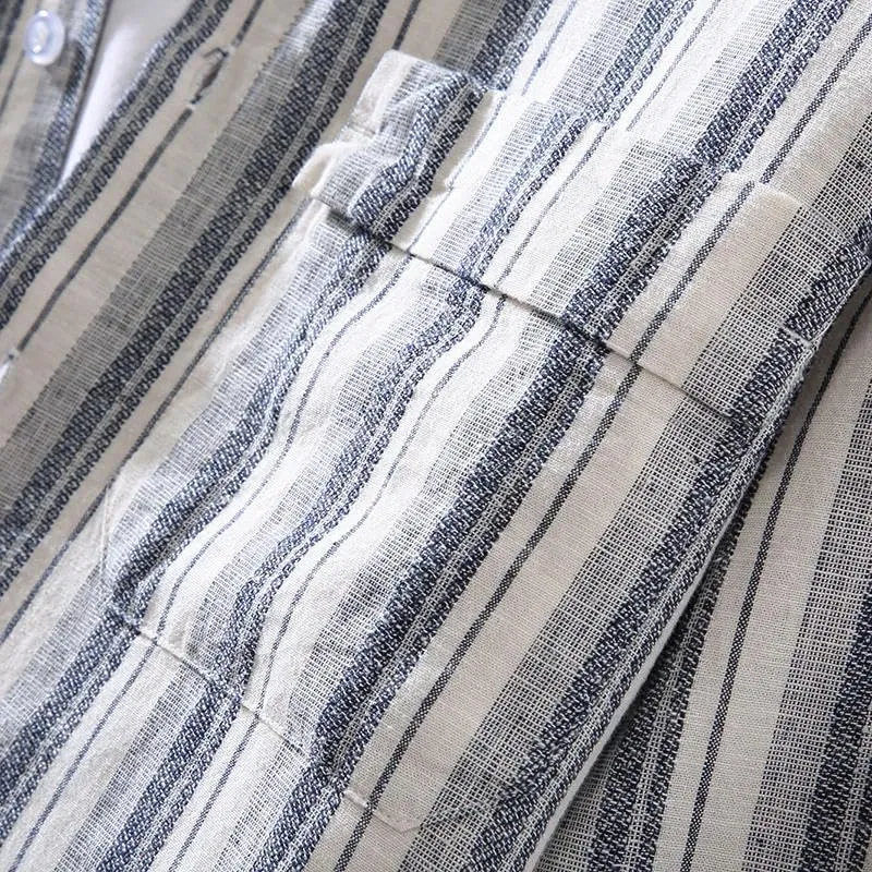 Men's Long-Sleeved Casual Striped Linen Stand Collar Blouses
