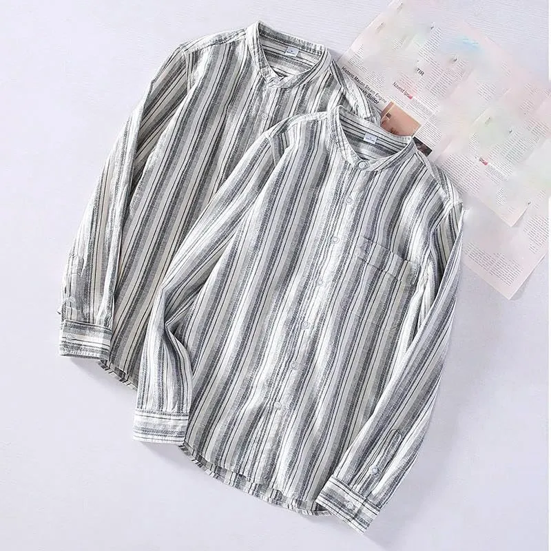 Men's Long-Sleeved Casual Striped Linen Stand Collar Blouses