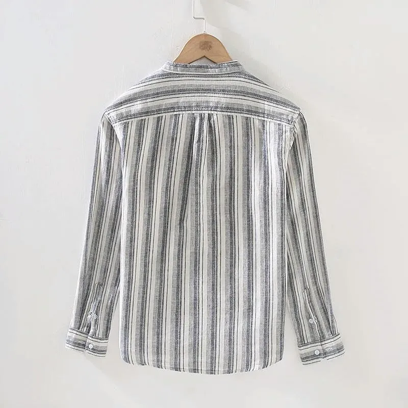 Men's Long-Sleeved Casual Striped Linen Stand Collar Blouses