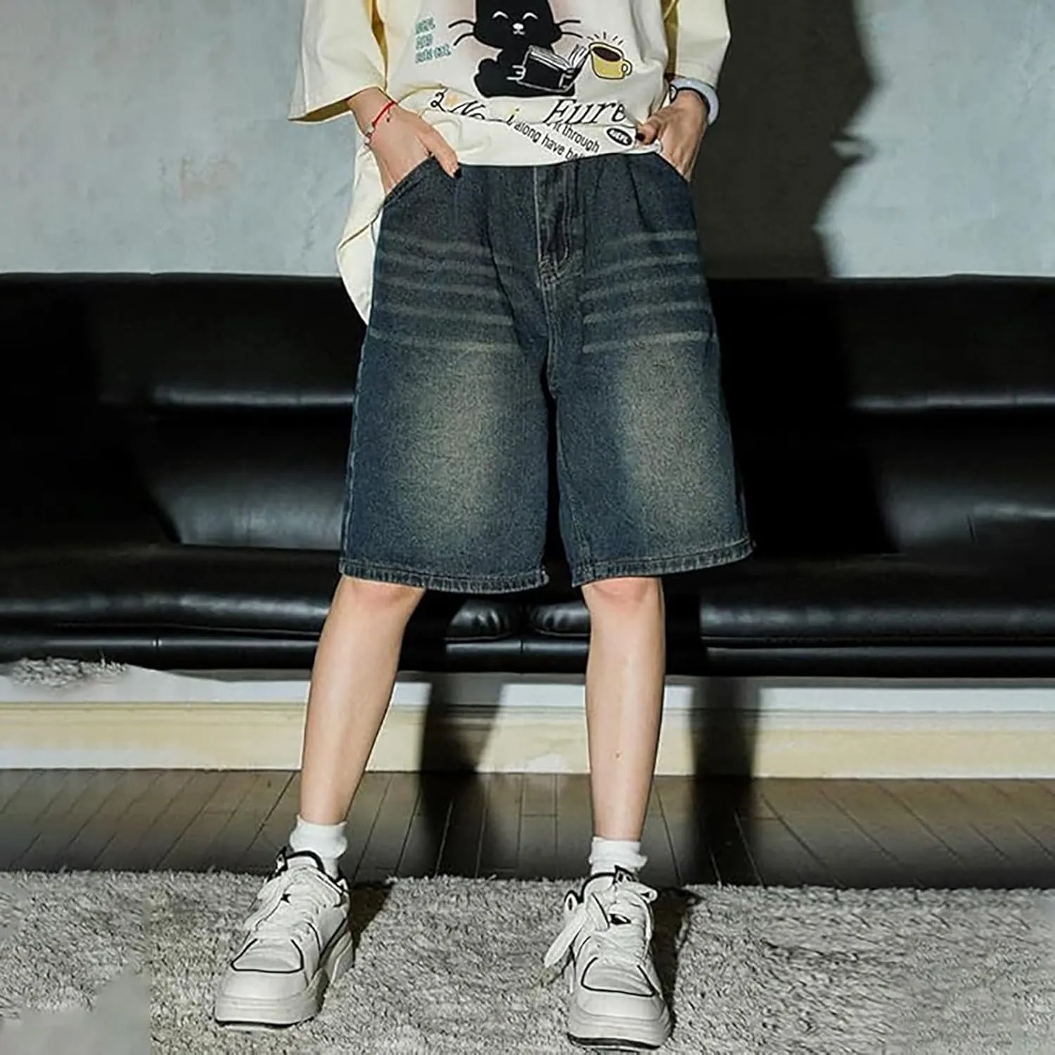 Men's Loose Fit Denim Shorts Baggy Casual Summer Wide Leg Long Jean Jorts Hip Hop Shorts Trendy Outfits