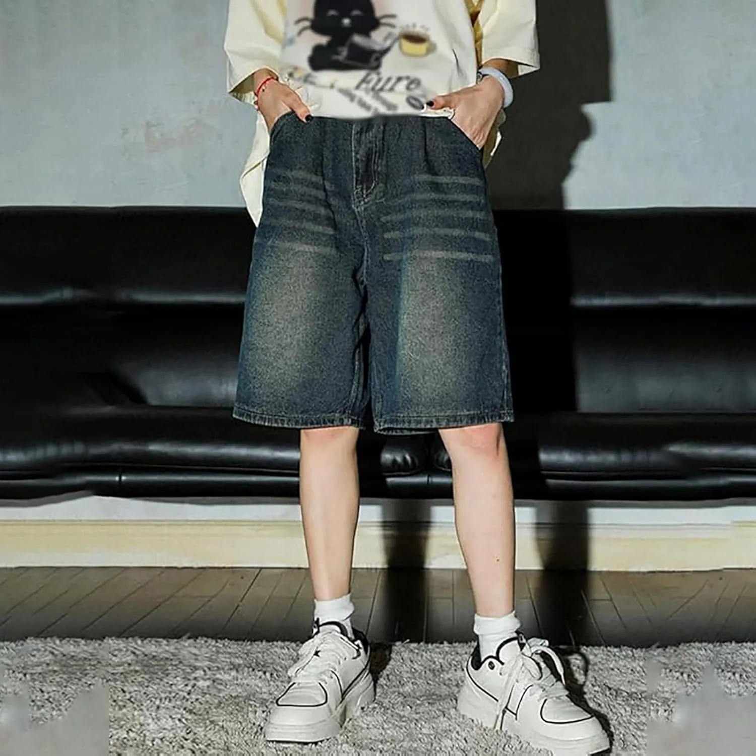 Men's Loose Fit Denim Shorts Baggy Casual Summer Wide Leg Long Jean Jorts Hip Hop Shorts Trendy Outfits