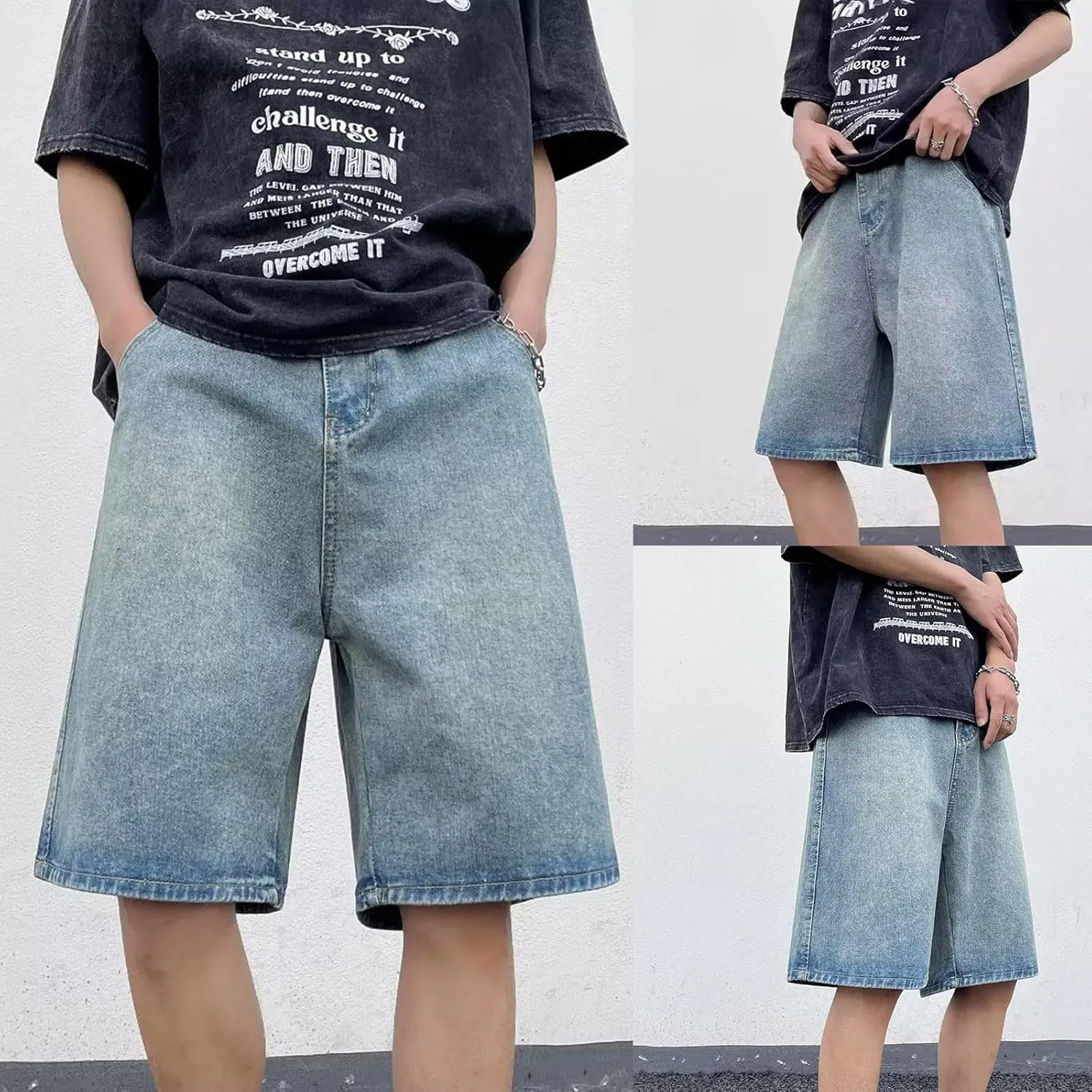 Mens Loose Fit Denim Shorts Baggy Casual Wide Leg Long Jean Jorts Hip Hop Shorts Trendy Outfits