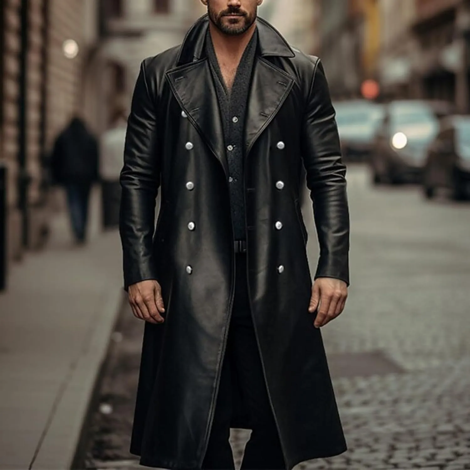 Men's Retro Leather Jacket Open Front Cardigan Jackets Full Length Steampunk Long Overcoat Fall Winter Long Trench Coat