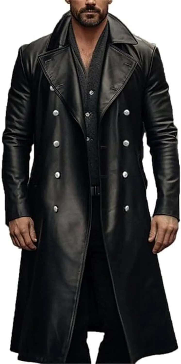 Men's Retro Leather Jacket Open Front Cardigan Jackets Full Length Steampunk Long Overcoat Fall Winter Long Trench Coat