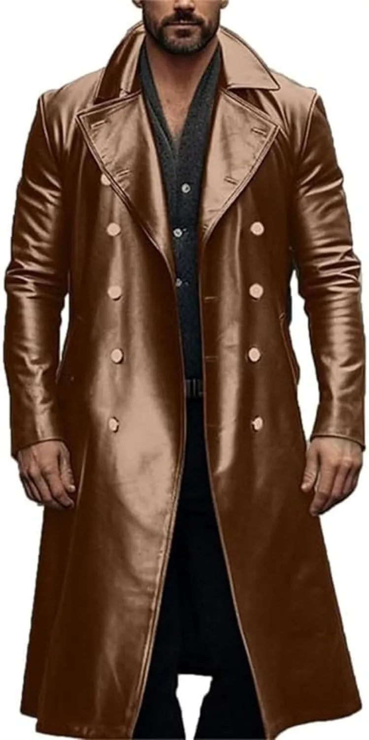 Men's Retro Leather Jacket Open Front Cardigan Jackets Full Length Steampunk Long Overcoat Fall Winter Long Trench Coat