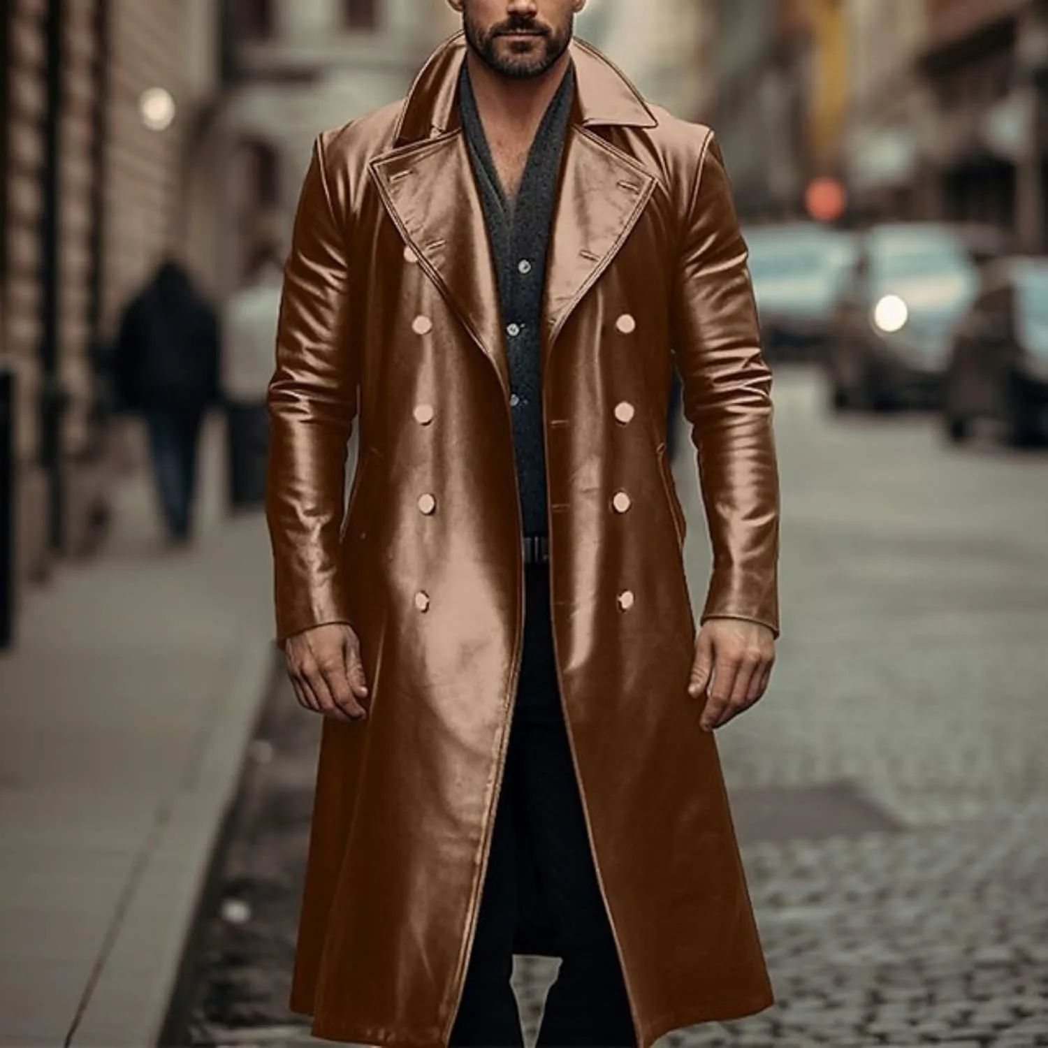 Men's Retro Leather Jacket Open Front Cardigan Jackets Full Length Steampunk Long Overcoat Fall Winter Long Trench Coat