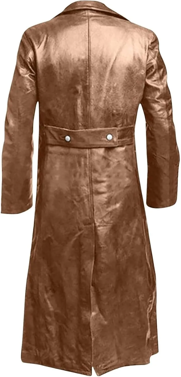 Men's Retro Leather Jacket Open Front Cardigan Jackets Full Length Steampunk Long Overcoat Fall Winter Long Trench Coat