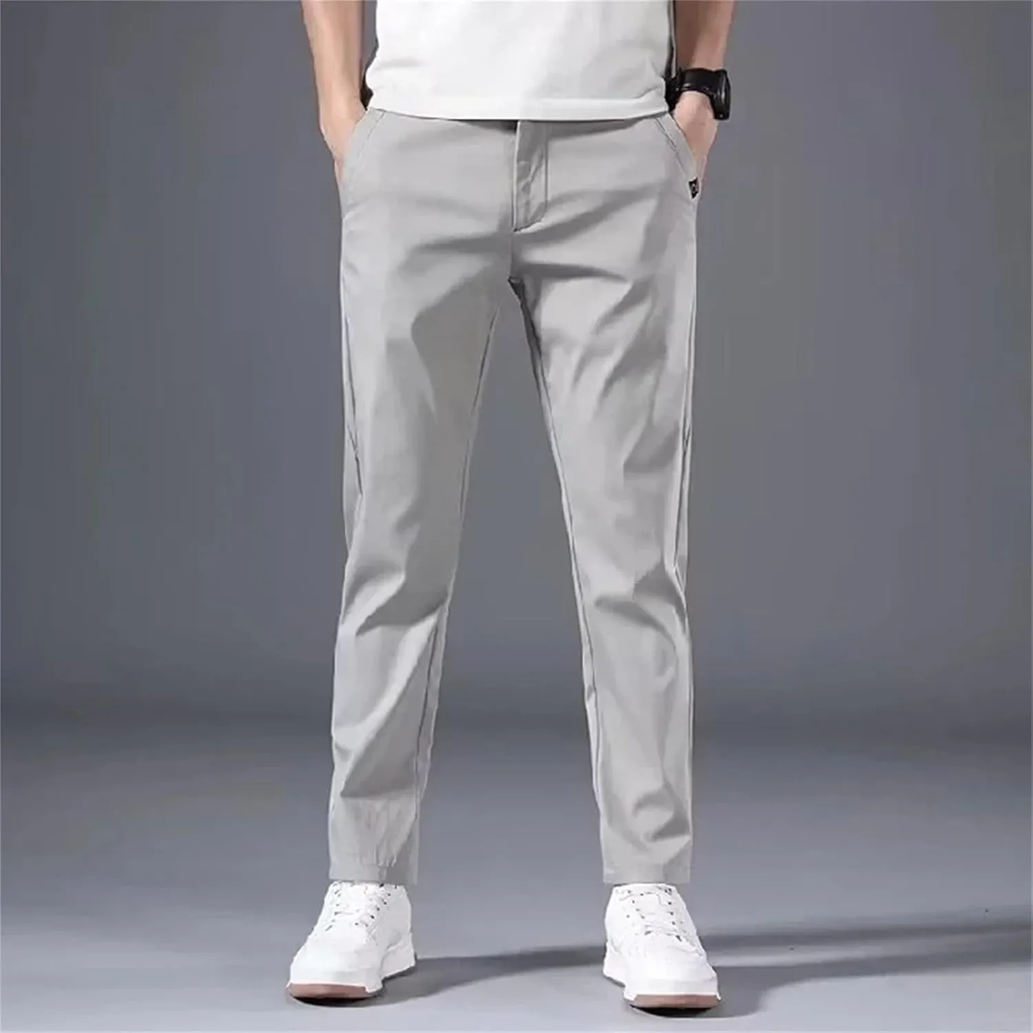 Men's Slim Fit Pants Solid Color Stretch Chino Trousers Casual Flat Front Flex Classic Full Pants Men Clothing