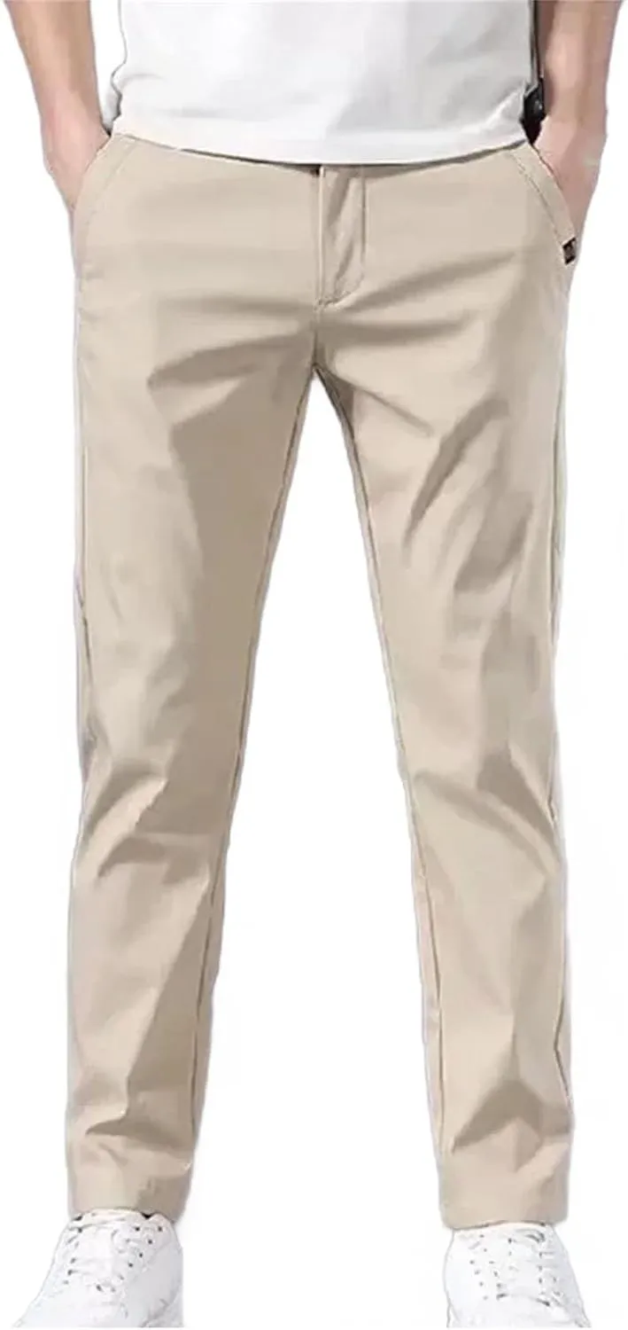 Men's Slim Fit Pants Solid Color Stretch Chino Trousers Casual Flat Front Flex Classic Full Pants Men Clothing