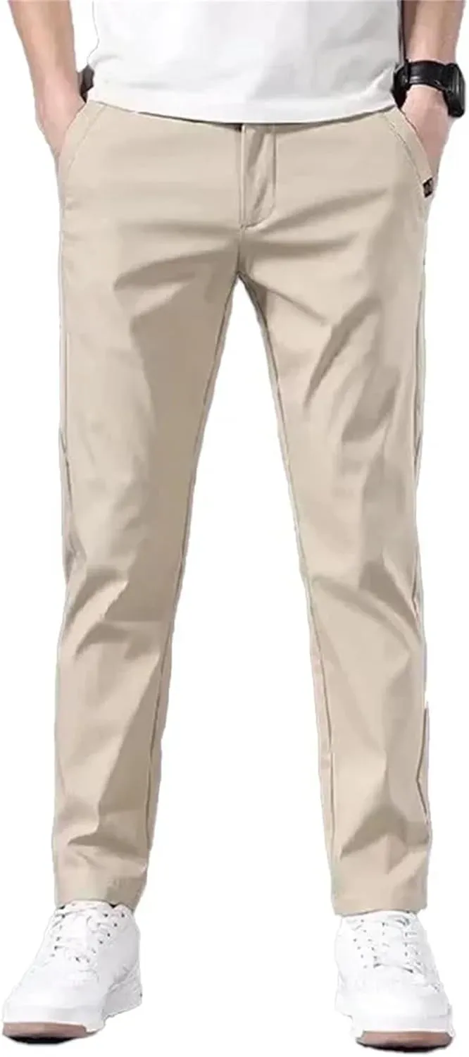 Men's Slim Fit Pants Solid Color Stretch Chino Trousers Casual Flat Front Flex Classic Full Pants Men Clothing