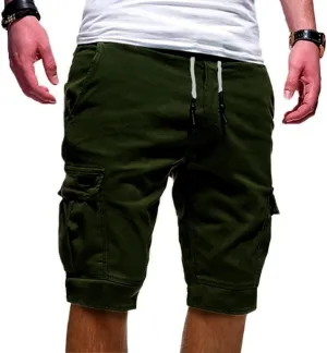 Mens Slim Fit Short Shorts Drawstring Elastic Waist Cargo Style Multi -Pocketed for Outdoor Summer Work
