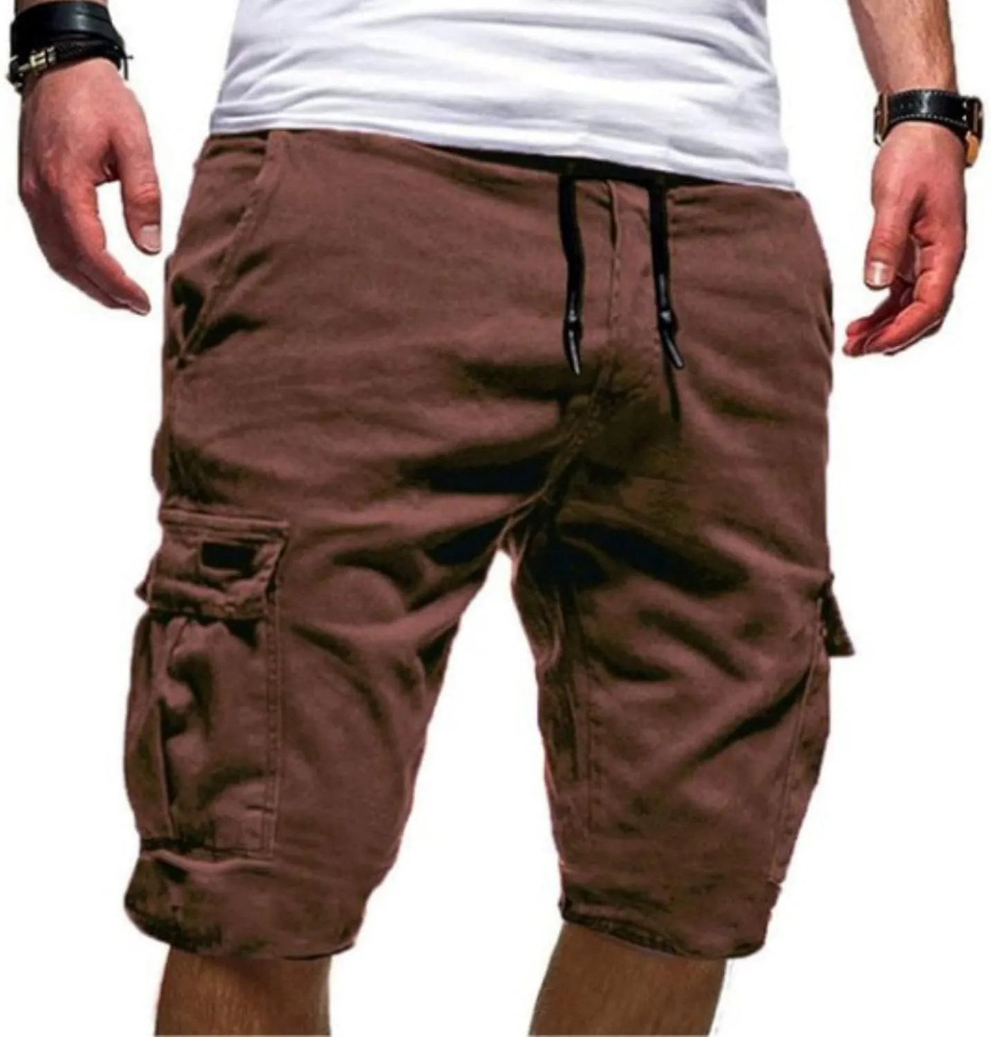 Mens Slim Fit Short Shorts Drawstring Elastic Waist Cargo Style Multi -Pocketed for Outdoor Summer Work