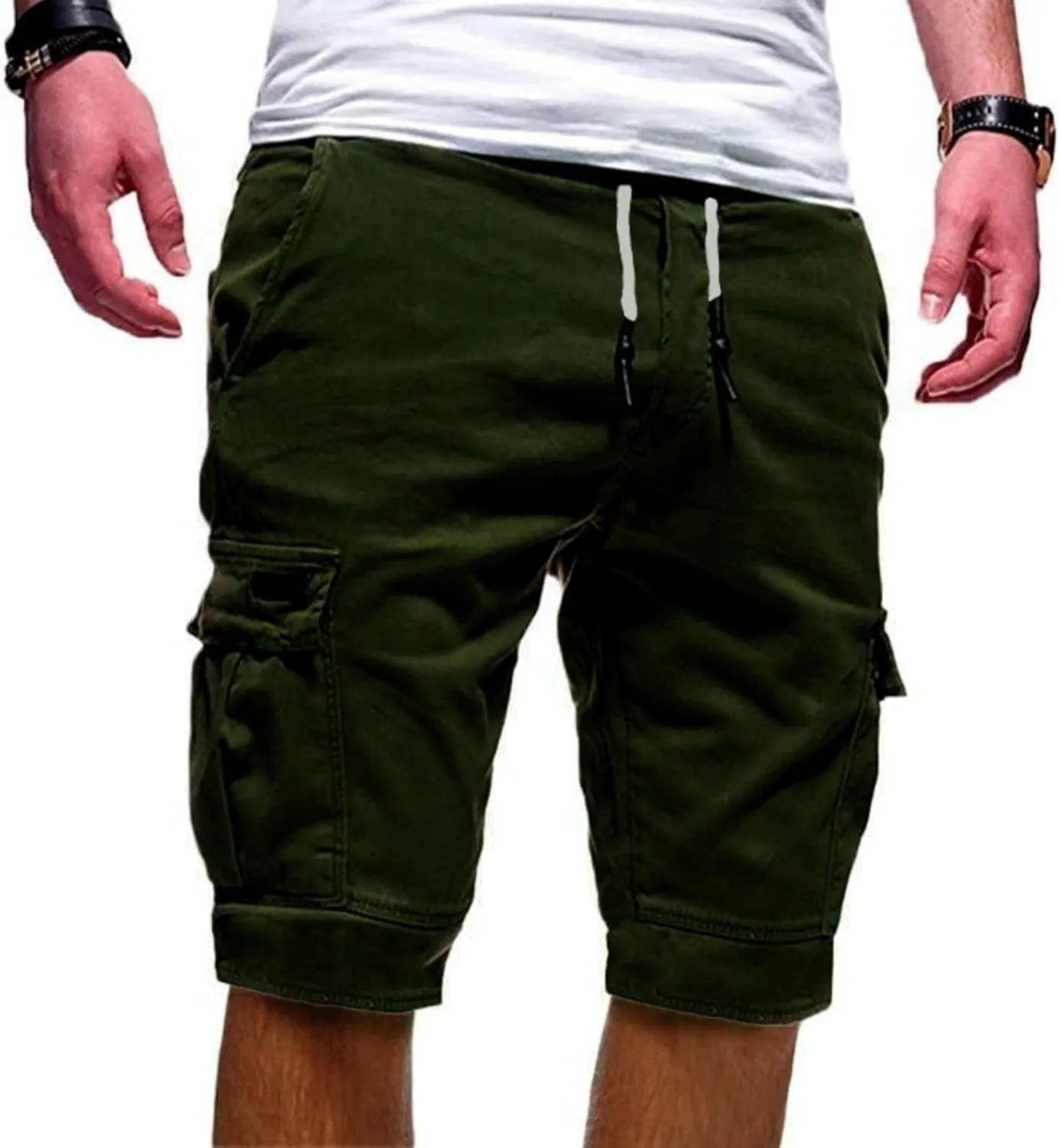 Mens Slim Fit Short Shorts Drawstring Elastic Waist Cargo Style Multi -Pocketed for Outdoor Summer Work