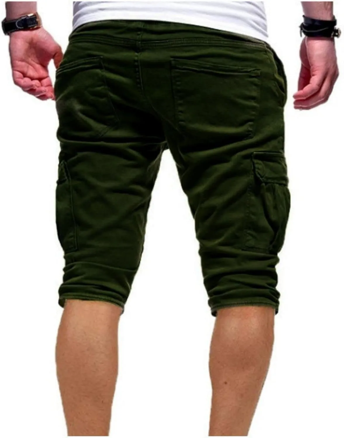 Mens Slim Fit Short Shorts Drawstring Elastic Waist Cargo Style Multi -Pocketed for Outdoor Summer Work