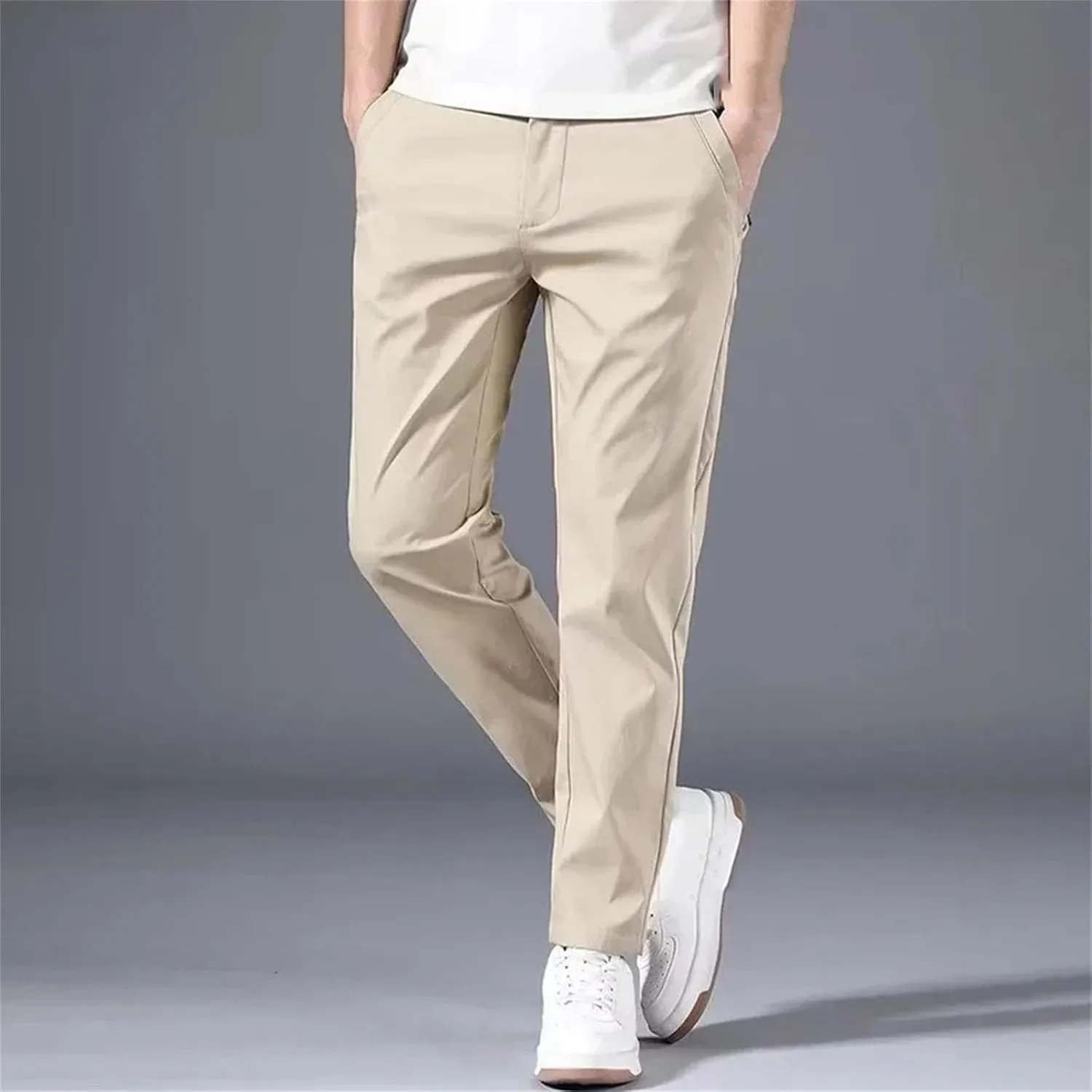 Men's Slim Fit Thin Chino Pant Casual Flat Front Flex Classic Full Pants Middle Waist Man Trousers