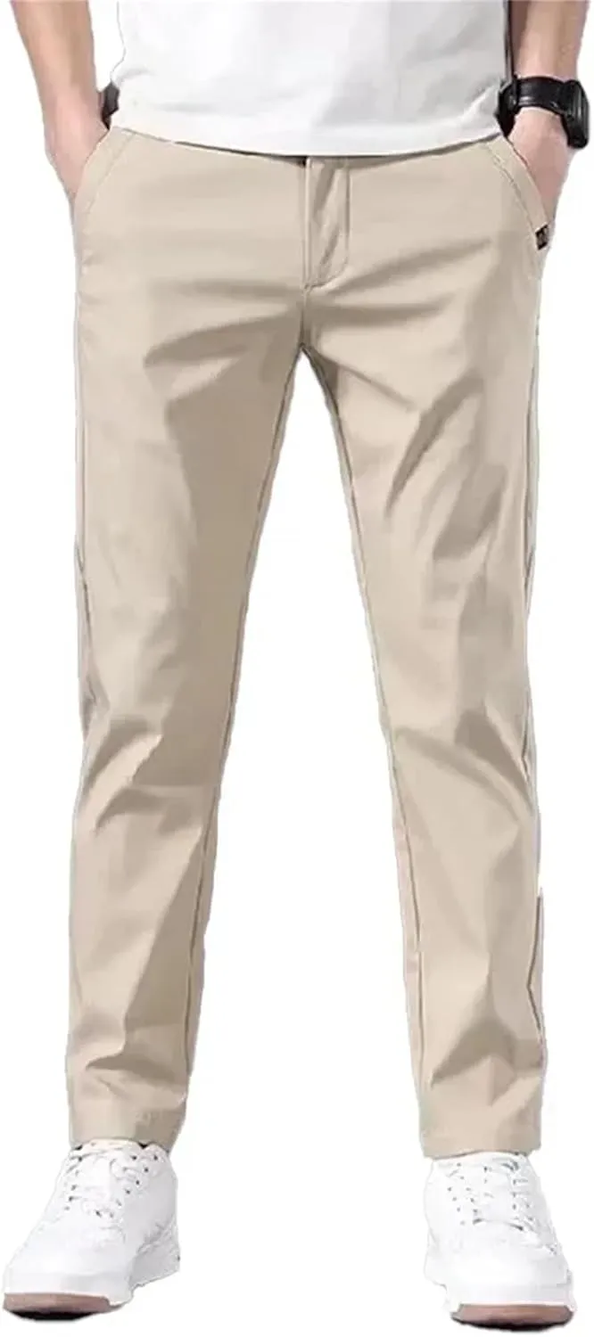 Men's Slim Fit Thin Chino Pant Casual Flat Front Flex Classic Full Pants Middle Waist Man Trousers