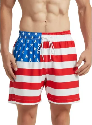 Mens Summer Swim Trunks with Mesh Liner American Flag Print Beach Shorts Independence Day Casual Patriotic Bermuda Shorts