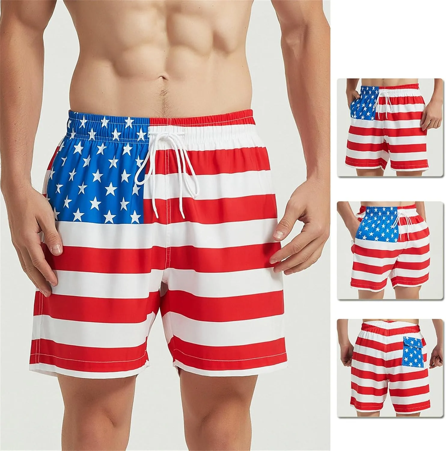 Mens Summer Swim Trunks with Mesh Liner American Flag Print Beach Shorts Independence Day Casual Patriotic Bermuda Shorts