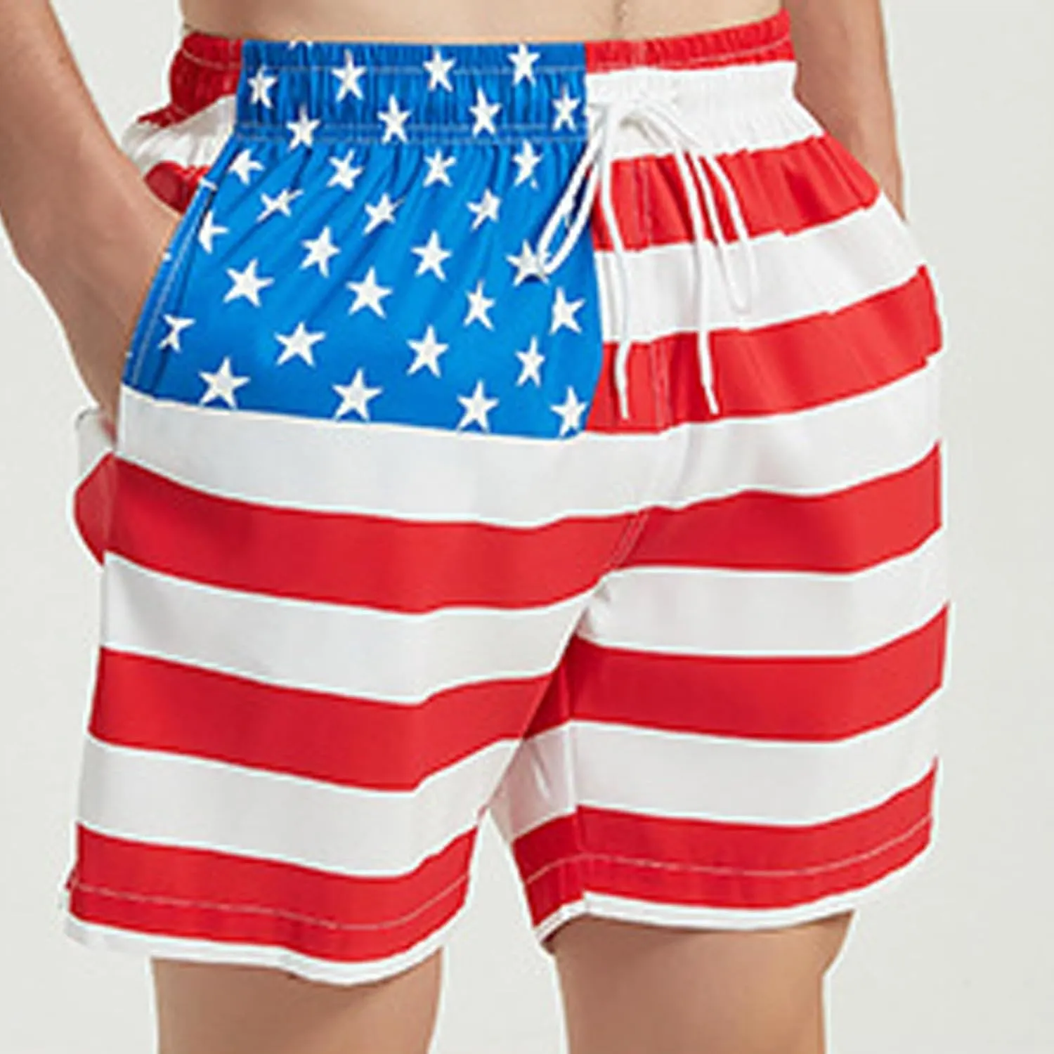 Mens Summer Swim Trunks with Mesh Liner American Flag Print Beach Shorts Independence Day Casual Patriotic Bermuda Shorts