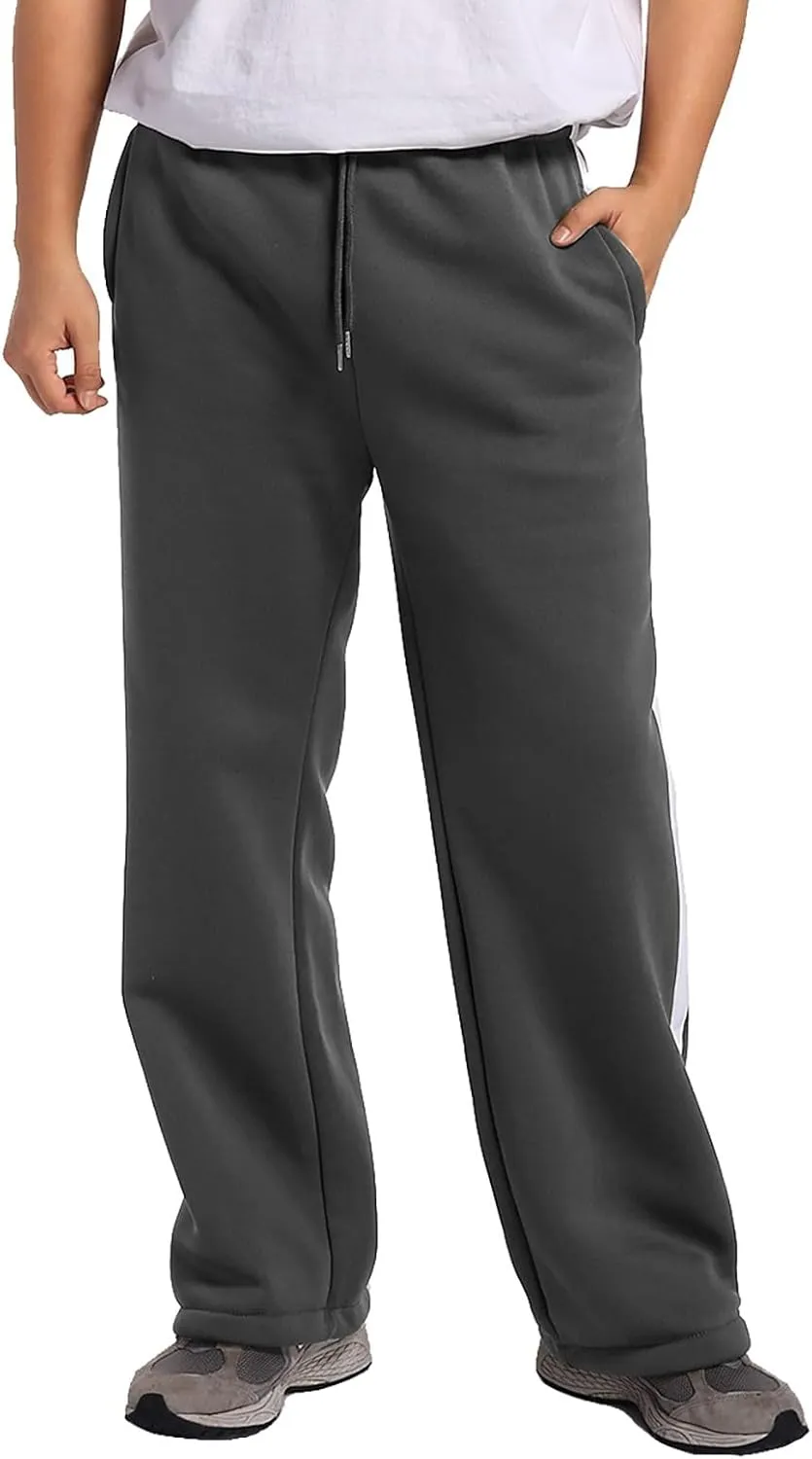 Mens Sweatpants Joggers, Fleece Baggy Sweatpants, Straight Leg Elastic Waist Cargo Pants, Casual Drawstring Sweatpants