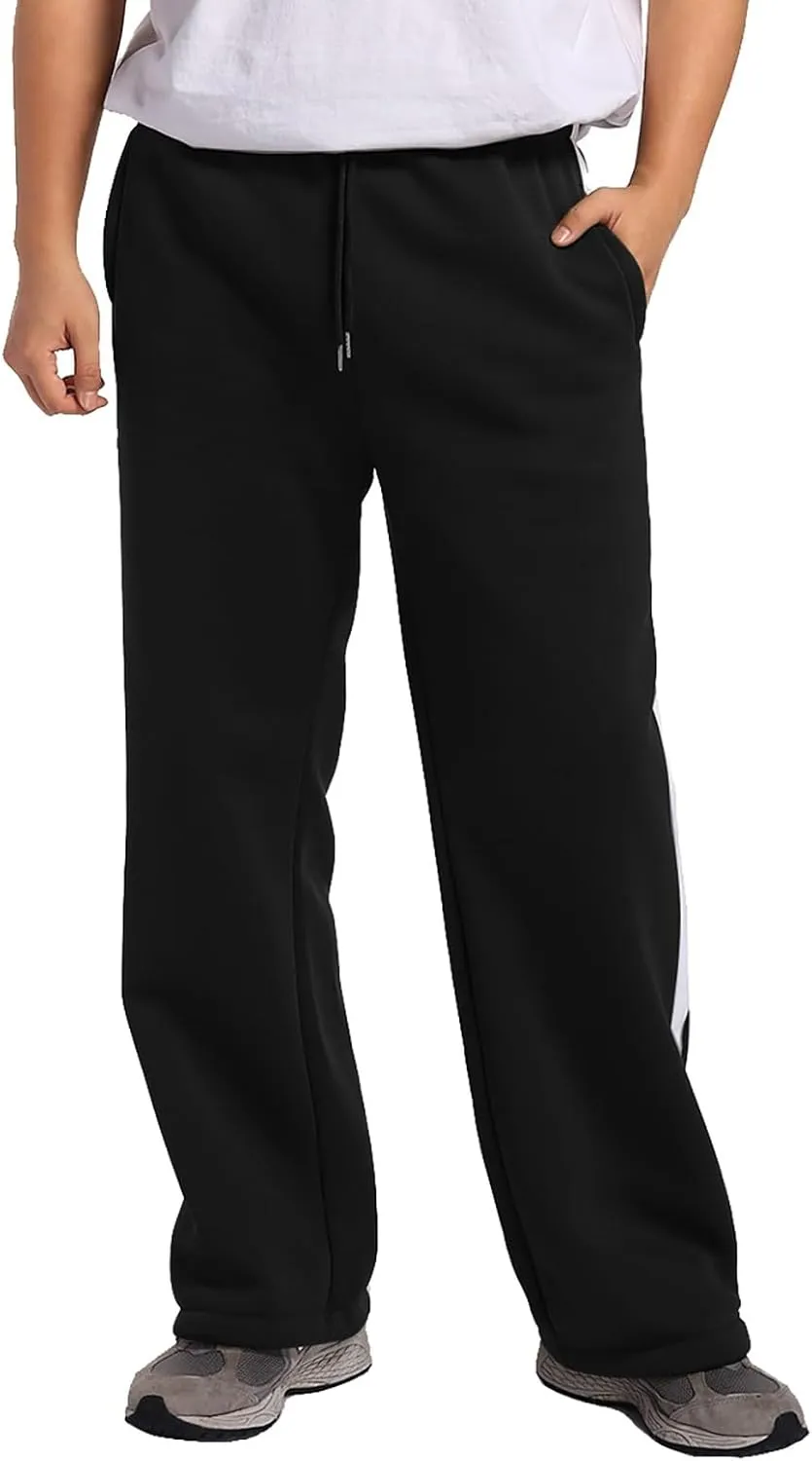 Mens Sweatpants Joggers, Fleece Baggy Sweatpants, Straight Leg Elastic Waist Cargo Pants, Casual Drawstring Sweatpants