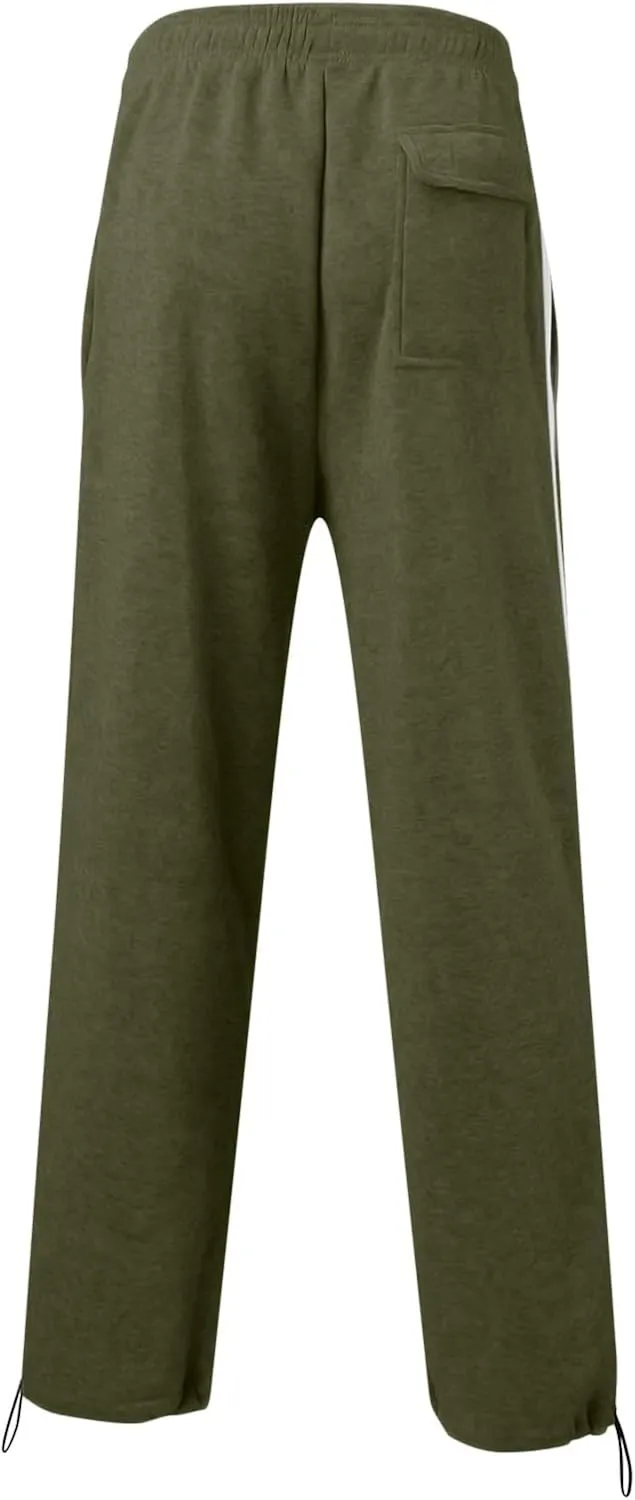 Mens Sweatpants Joggers, Fleece Baggy Sweatpants, Straight Leg Elastic Waist Cargo Pants, Casual Drawstring Sweatpants