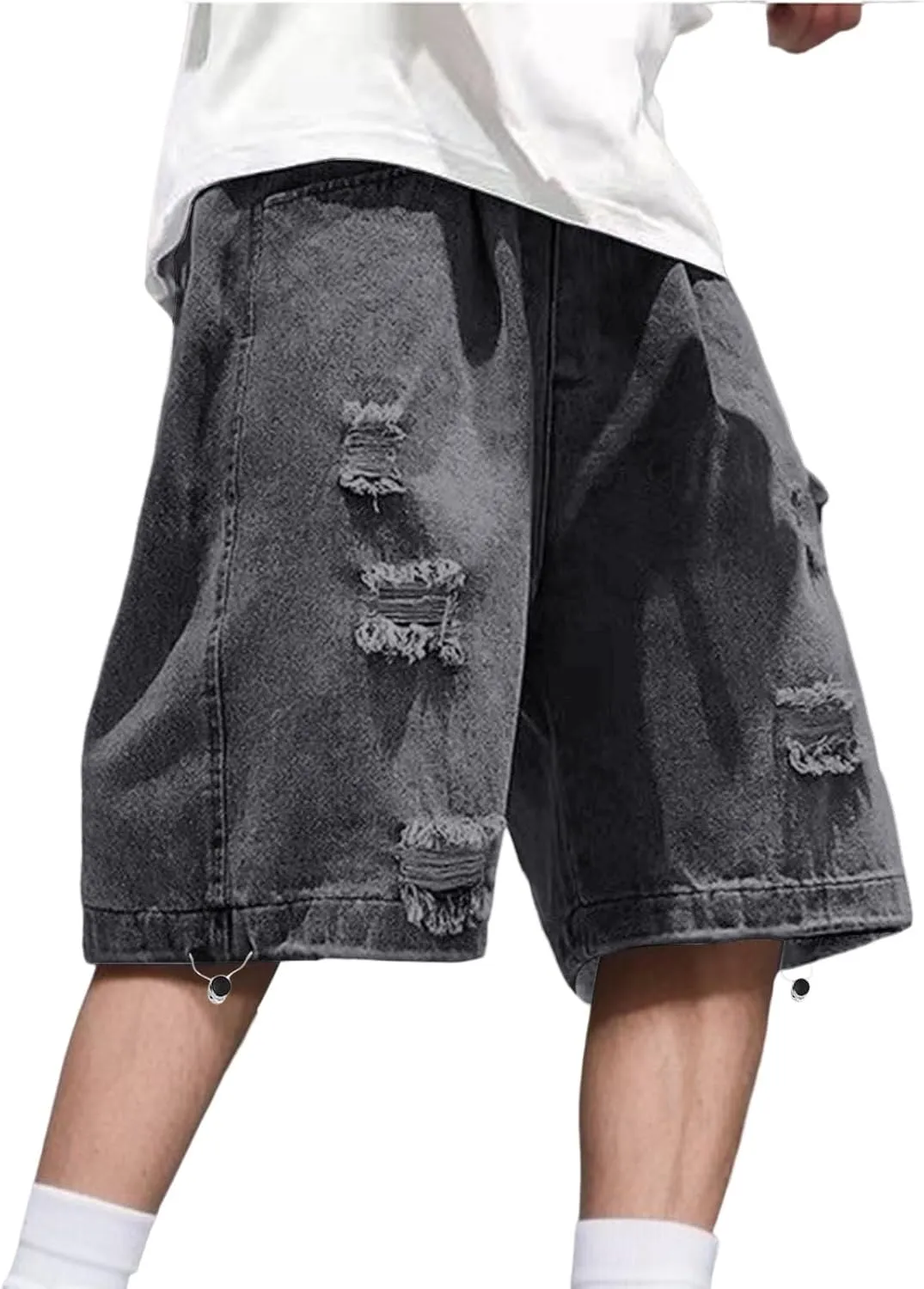 Mens Wide Leg Hip Hop Cropped Jean Shorts Baggy Denim Shorts with Pockets Aesthetic Pants Streetwear Clothes