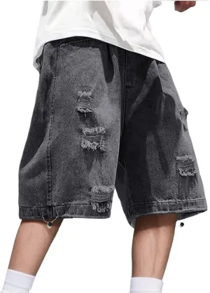 Mens Wide Leg Hip Hop Cropped Jean Shorts Baggy Denim Shorts with Pockets Aesthetic Pants Streetwear Clothes